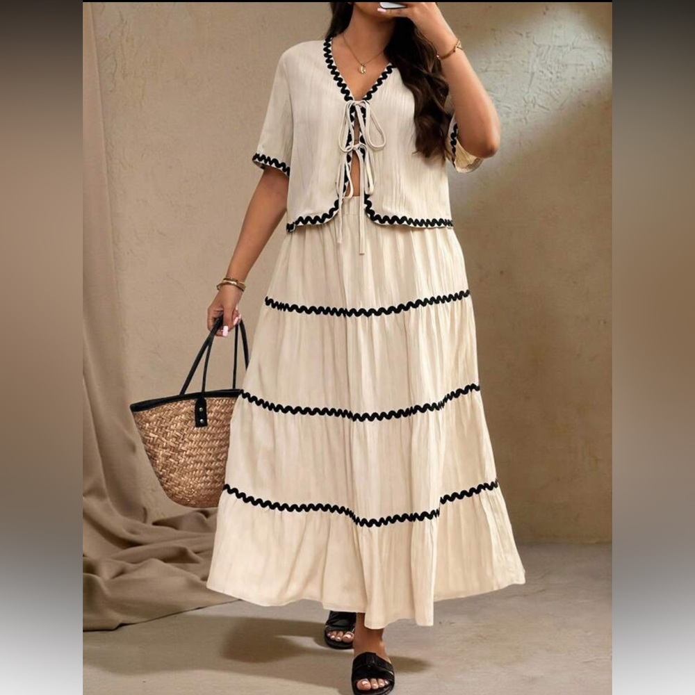 Elegant Cream and Black Women's Skirt and Top Set